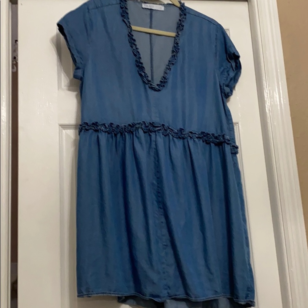 Blue V-Neck Casual Mini Dress with Ruffle Trim